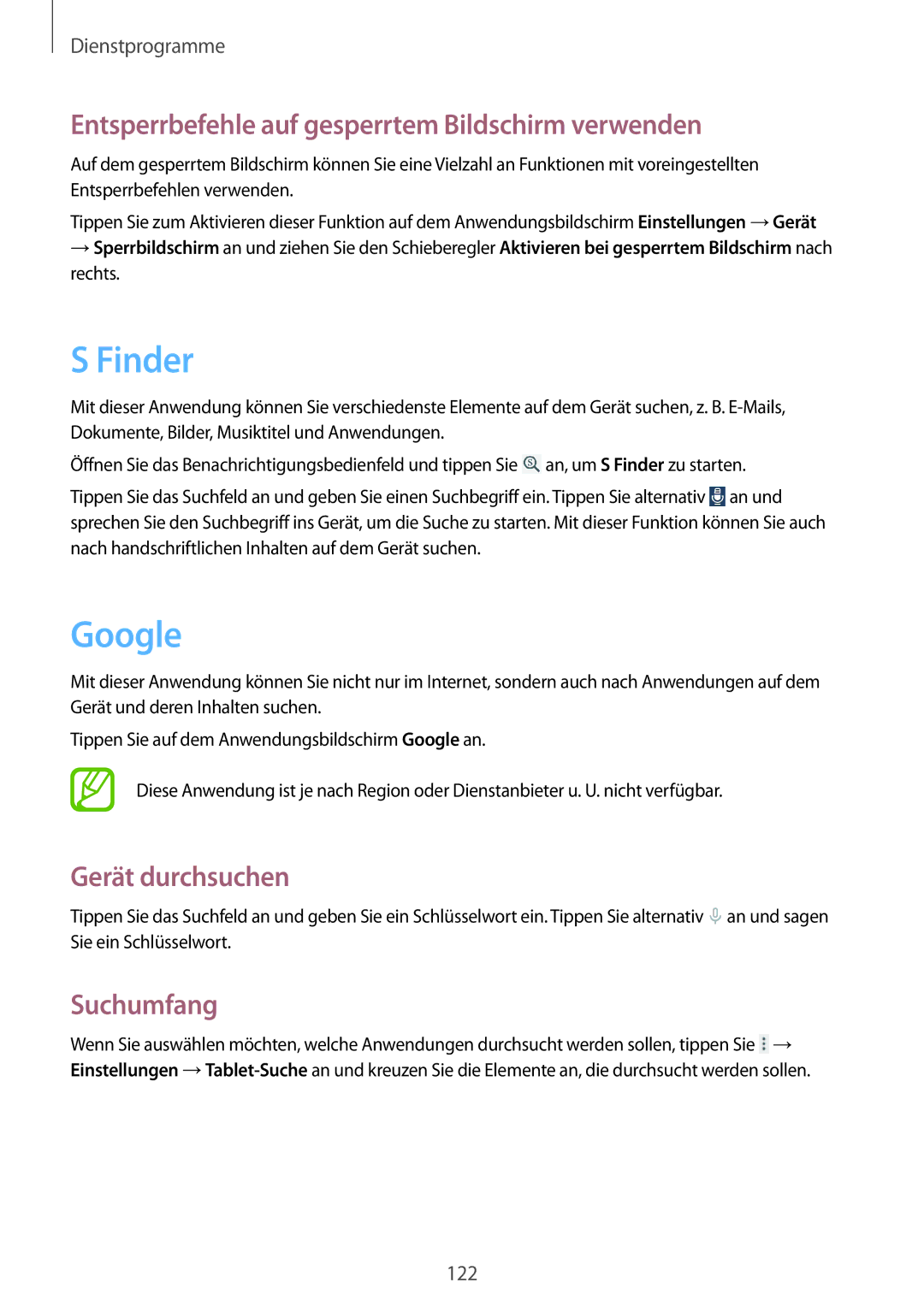 Samsung SM-T9000ZKAXEF Finder, Google, Entsperrbefehle auf gesperrtem Bildschirm verwenden, Gerät durchsuchen, Suchumfang 