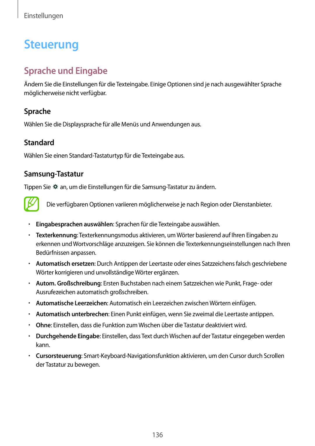 Samsung SM-T9000ZKADBT, SM-T9000ZWADBT, SM-T9000ZKAXEF manual Steuerung, Sprache und Eingabe, Standard, Samsung-Tastatur 