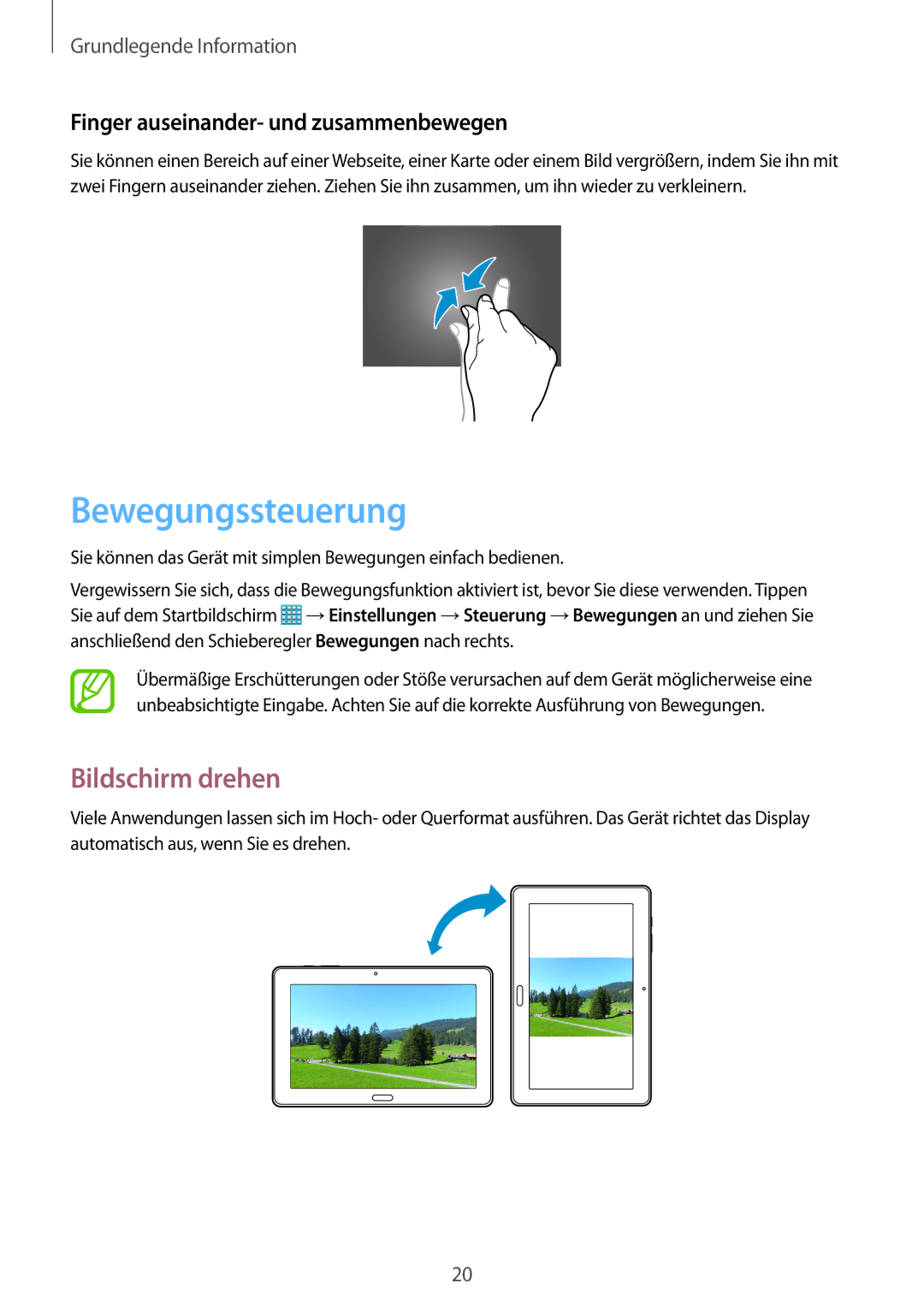 Samsung SM-T9000ZKAXEF, SM-T9000ZWADBT manual Bewegungssteuerung, Bildschirm drehen, Finger auseinander- und zusammenbewegen 