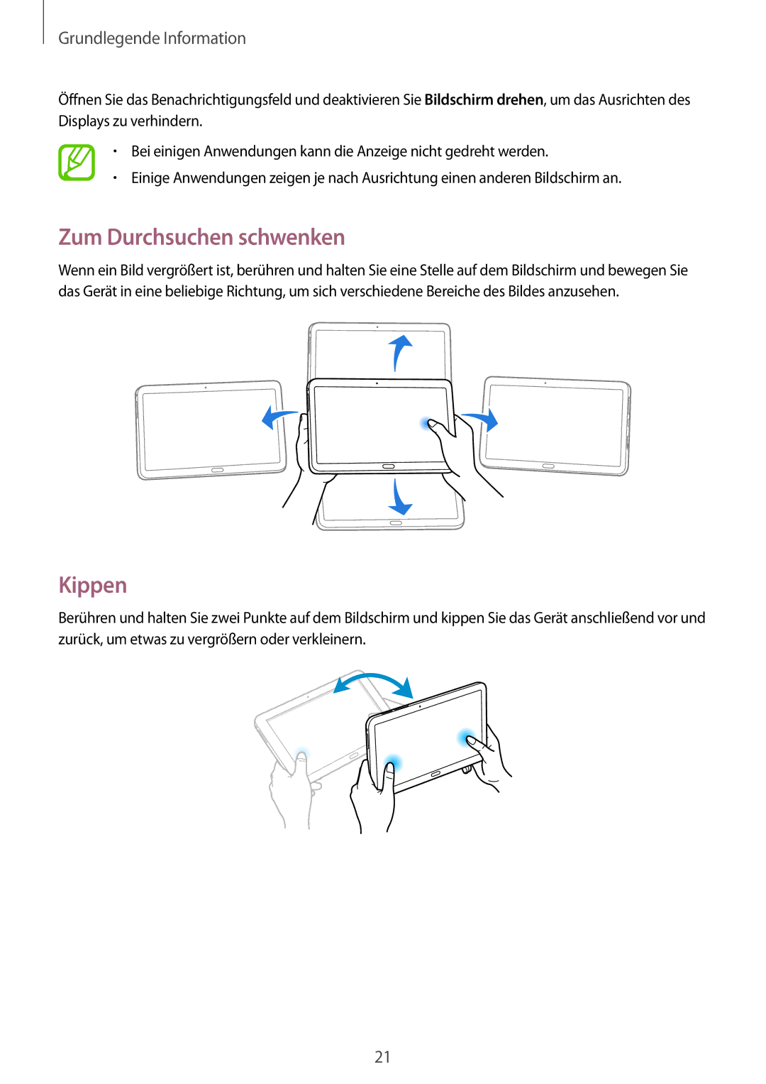 Samsung SM-T9000ZWADBT, SM-T9000ZKADBT, SM-T9000ZKAXEF manual Zum Durchsuchen schwenken, Kippen 