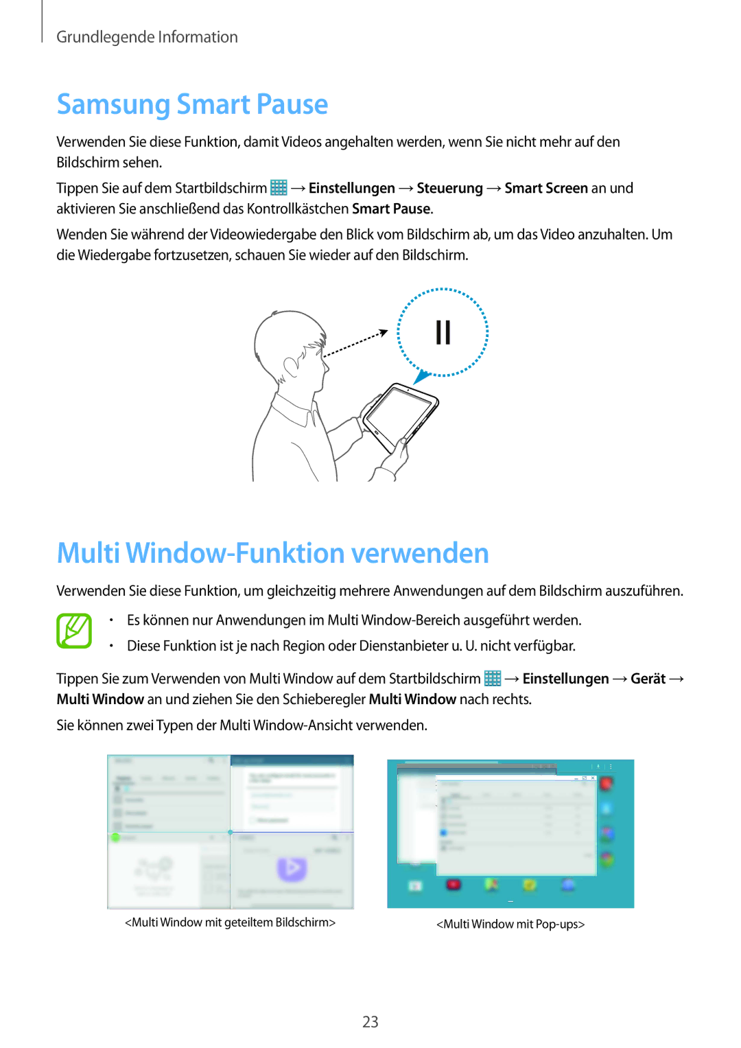 Samsung SM-T9000ZKAXEF, SM-T9000ZWADBT, SM-T9000ZKADBT manual Samsung Smart Pause, Multi Window-Funktion verwenden 