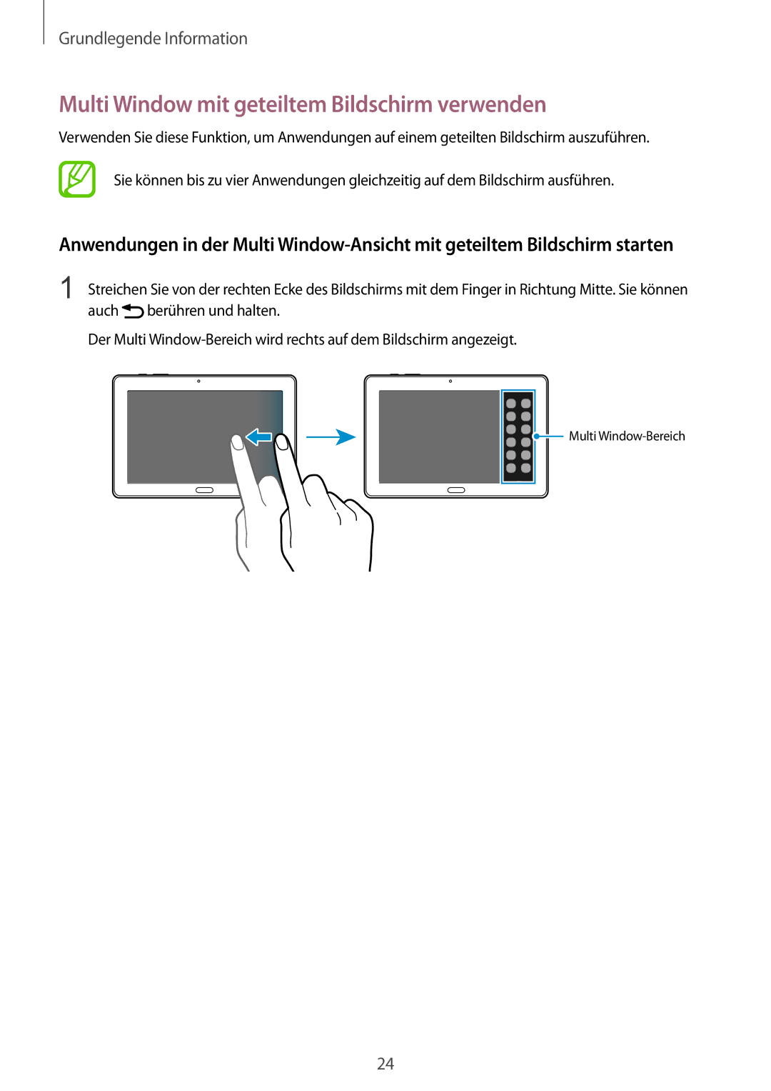 Samsung SM-T9000ZWADBT, SM-T9000ZKADBT, SM-T9000ZKAXEF manual Multi Window mit geteiltem Bildschirm verwenden 