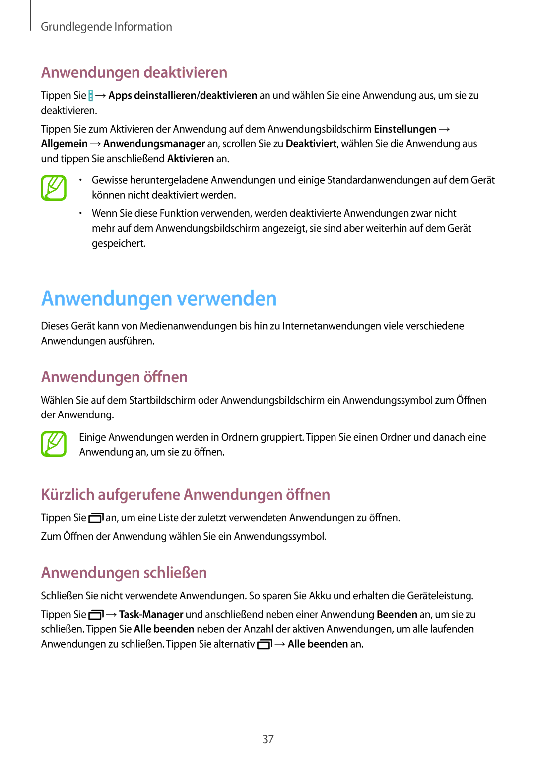 Samsung SM-T9000ZKADBT manual Anwendungen verwenden, Anwendungen deaktivieren, Anwendungen öffnen, Anwendungen schließen 