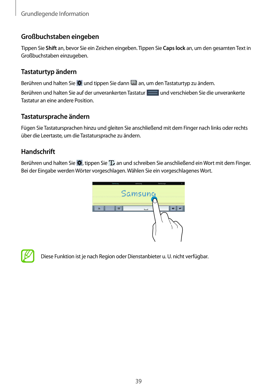 Samsung SM-T9000ZWADBT, SM-T9000ZKADBT Großbuchstaben eingeben, Tastaturtyp ändern, Tastatursprache ändern, Handschrift 