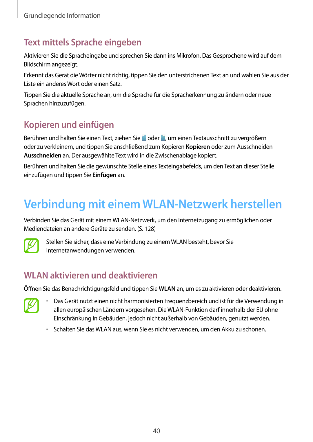 Samsung SM-T9000ZKADBT manual Text mittels Sprache eingeben, Kopieren und einfügen, Wlan aktivieren und deaktivieren 