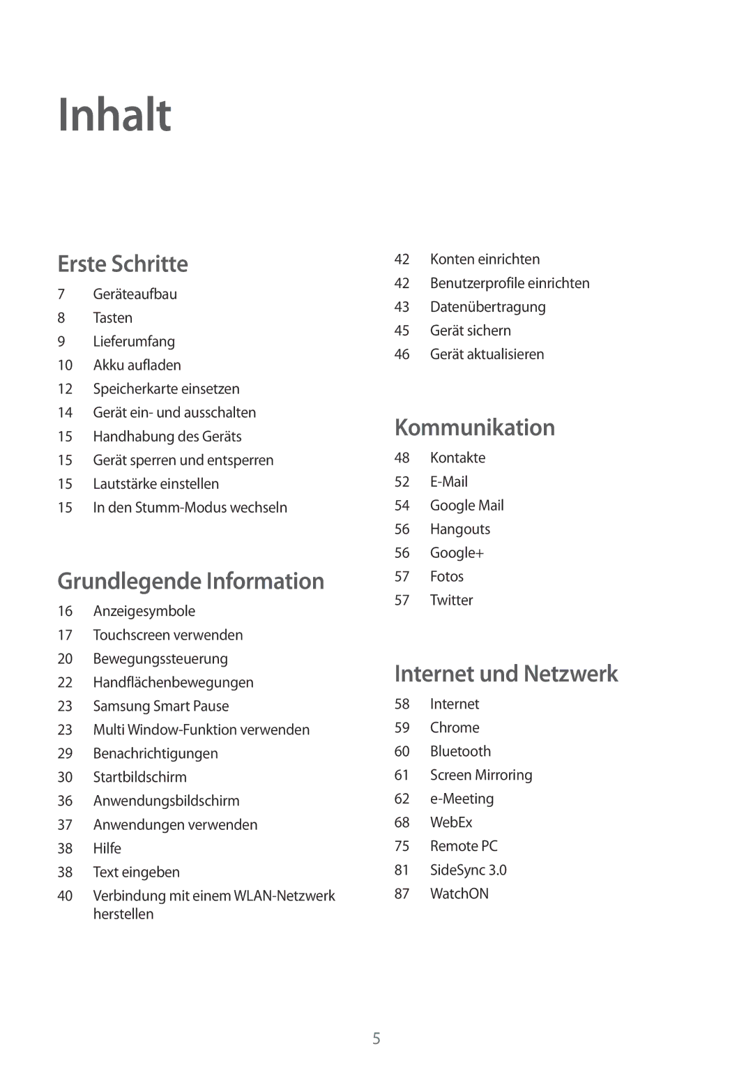 Samsung SM-T9000ZKAXEF, SM-T9000ZWADBT, SM-T9000ZKADBT manual Inhalt 