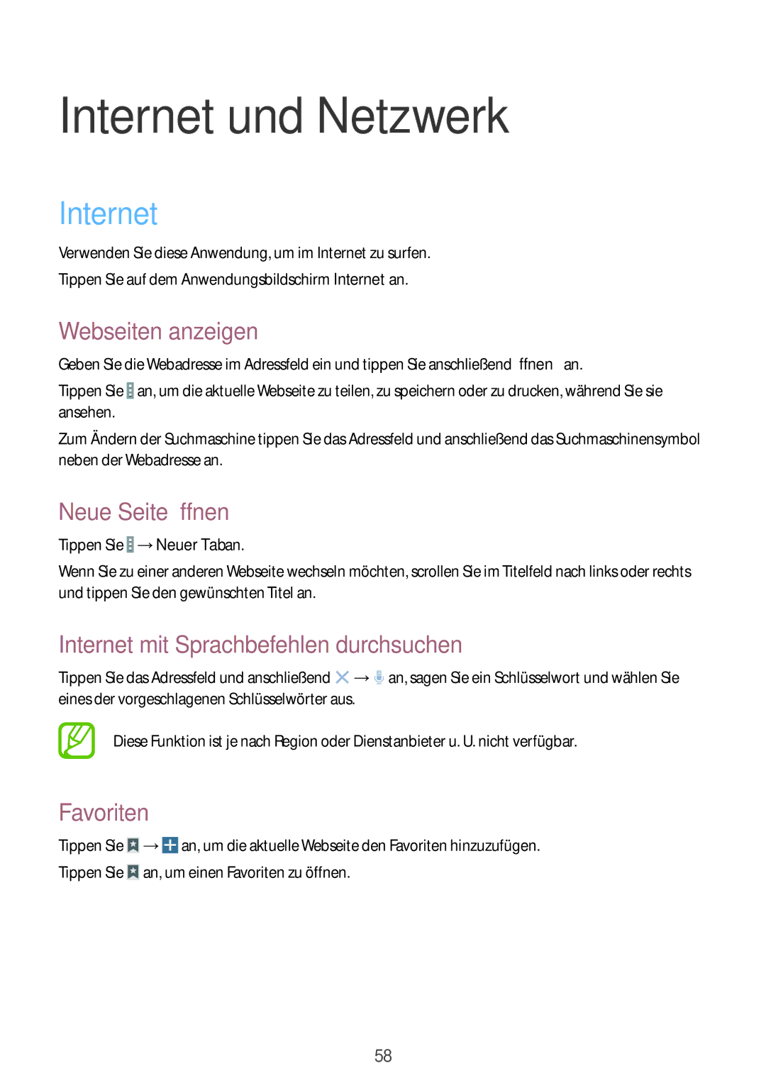 Samsung SM-T9000ZKADBT manual Webseiten anzeigen, Neue Seite öffnen, Internet mit Sprachbefehlen durchsuchen, Favoriten 