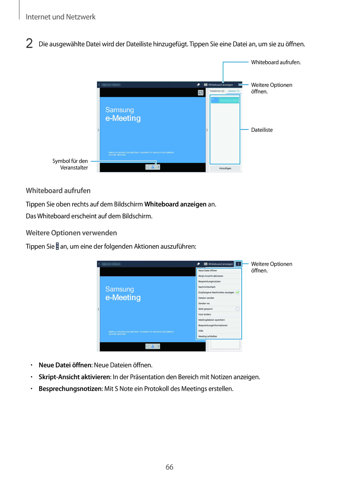 Samsung SM-T9000ZWADBT, SM-T9000ZKADBT, SM-T9000ZKAXEF manual Whiteboard aufrufen 