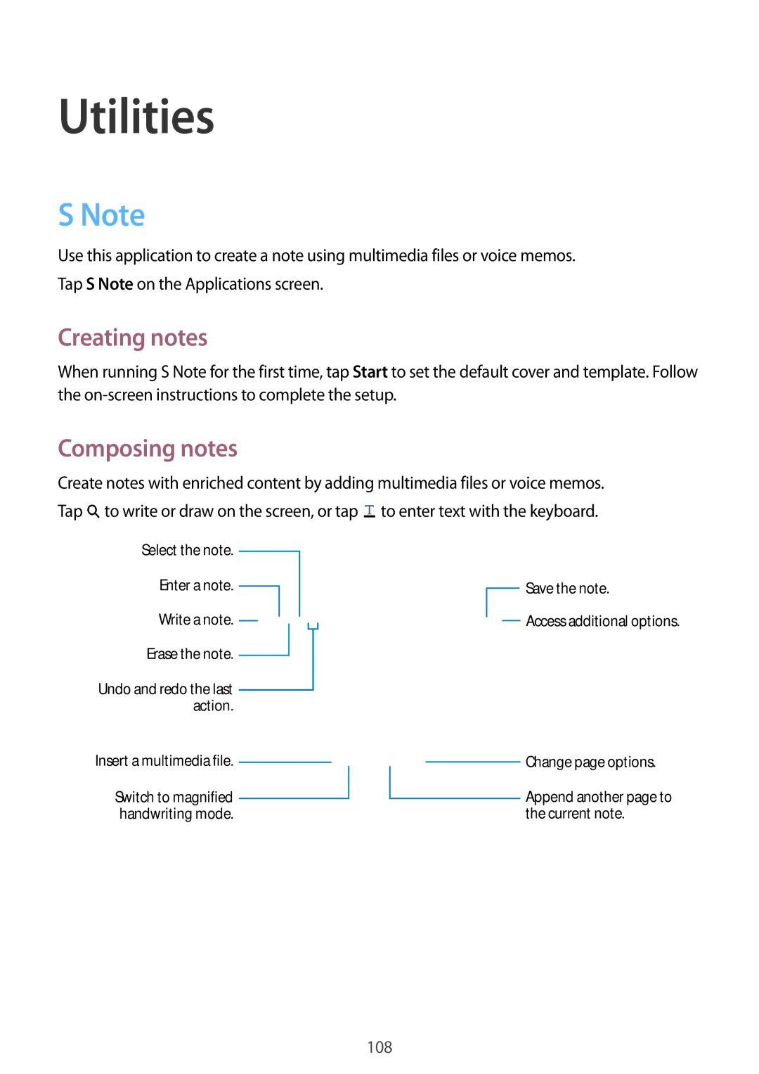 Samsung SM-T9000ZKAXEF, SM-T9000ZWADBT, SM-T9000ZKADBT, SM-T9000ZWAXEF manual Utilities, Creating notes, Composing notes 