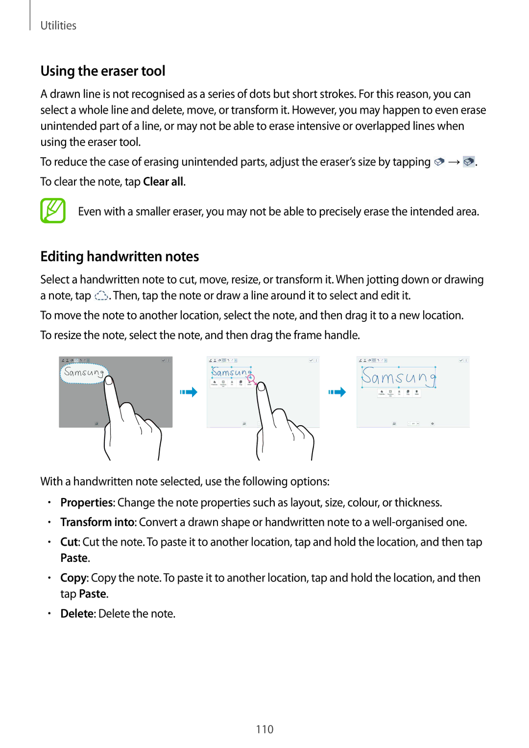 Samsung SM-T9000ZKANEE, SM-T9000ZWADBT, SM-T9000ZKADBT, SM-T9000ZWAXEF manual Using the eraser tool, Editing handwritten notes 