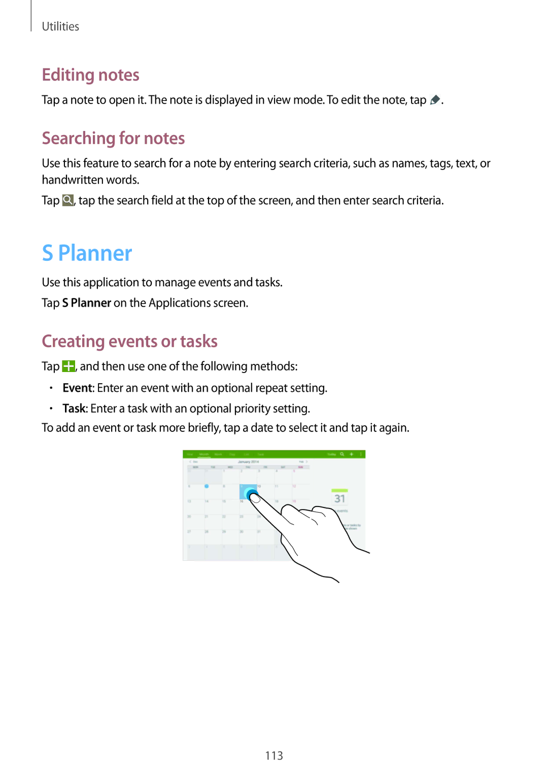 Samsung SM-T9000ZKADBT, SM-T9000ZWADBT manual Planner, Editing notes, Searching for notes, Creating events or tasks 