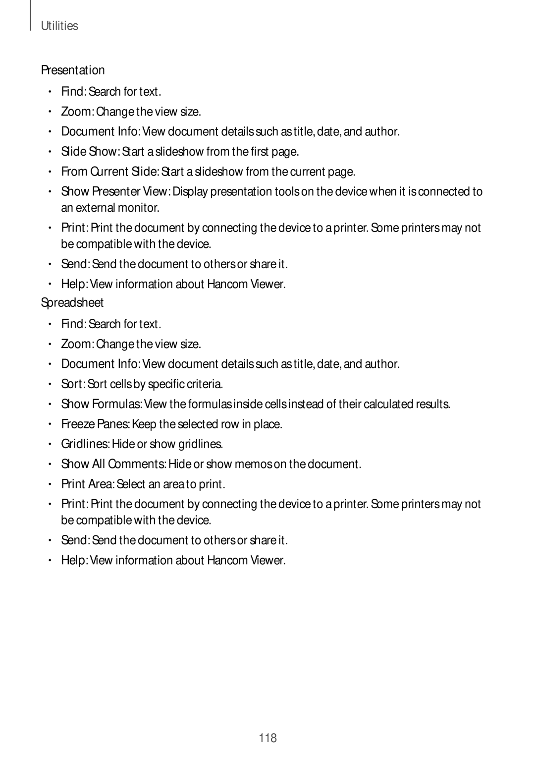 Samsung SM-T9000ZWANEE, SM-T9000ZWADBT, SM-T9000ZKADBT, SM-T9000ZWAXEF, SM-T9000ZKAXEF manual Presentation, Spreadsheet 