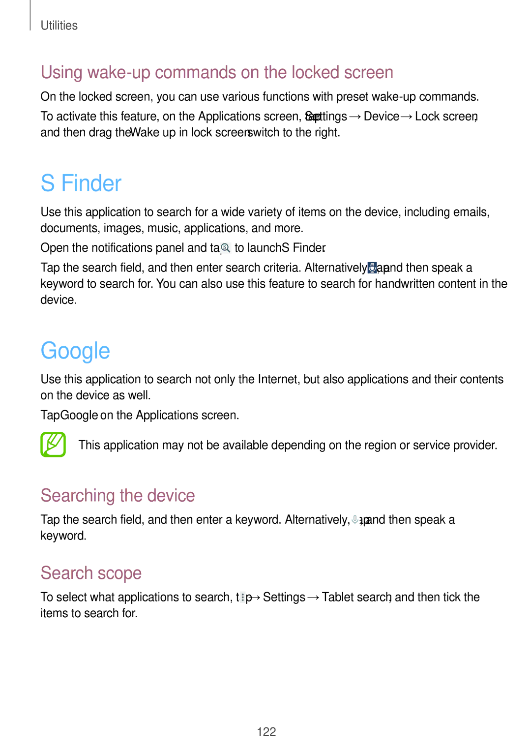 Samsung SM-T9000ZKAXEF Finder, Google, Using wake-up commands on the locked screen, Searching the device, Search scope 