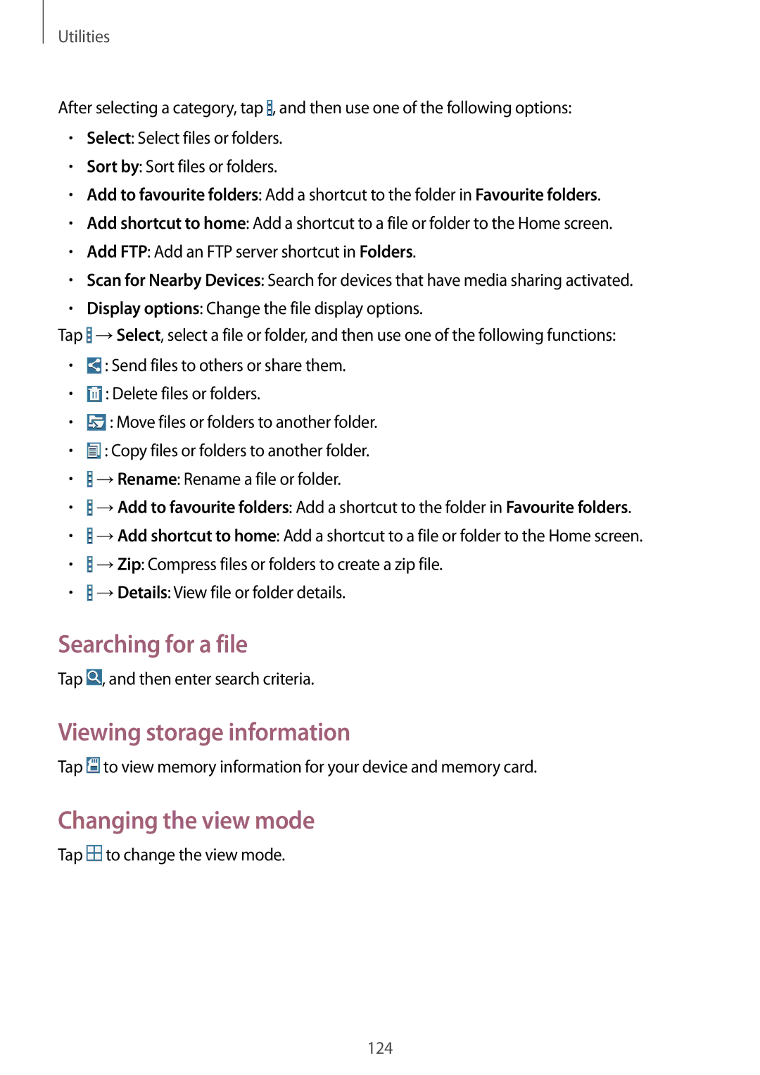 Samsung SM-T9000ZKANEE, SM-T9000ZWADBT manual Searching for a file, Viewing storage information, Changing the view mode 