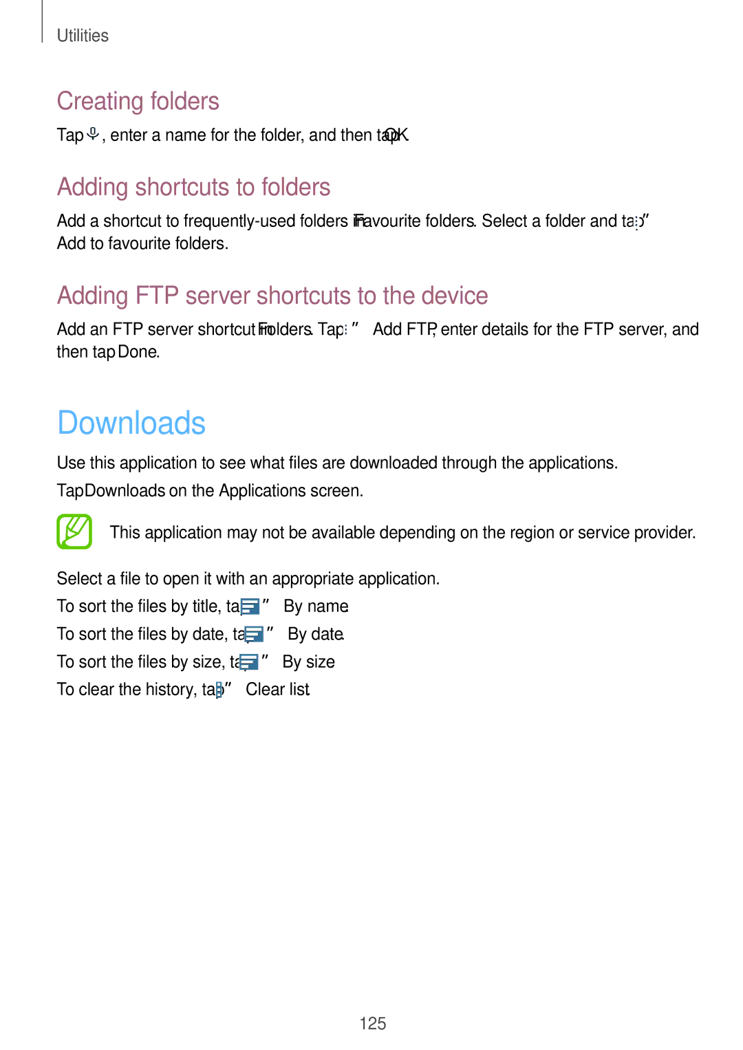 Samsung SM-T9000ZWANEE Downloads, Creating folders, Adding shortcuts to folders, Adding FTP server shortcuts to the device 