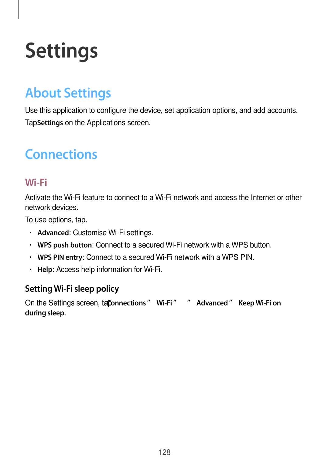 Samsung SM-T9000ZWAXEF, SM-T9000ZWADBT, SM-T9000ZKADBT manual About Settings, Connections, Setting Wi-Fi sleep policy 