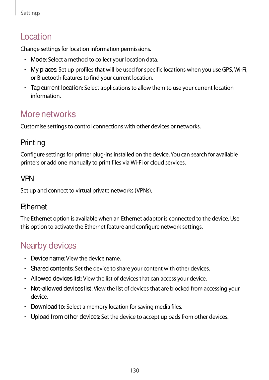 Samsung SM-T9000ZKAAUT, SM-T9000ZWADBT, SM-T9000ZKADBT manual Location, More networks, Nearby devices, Printing, Ethernet 