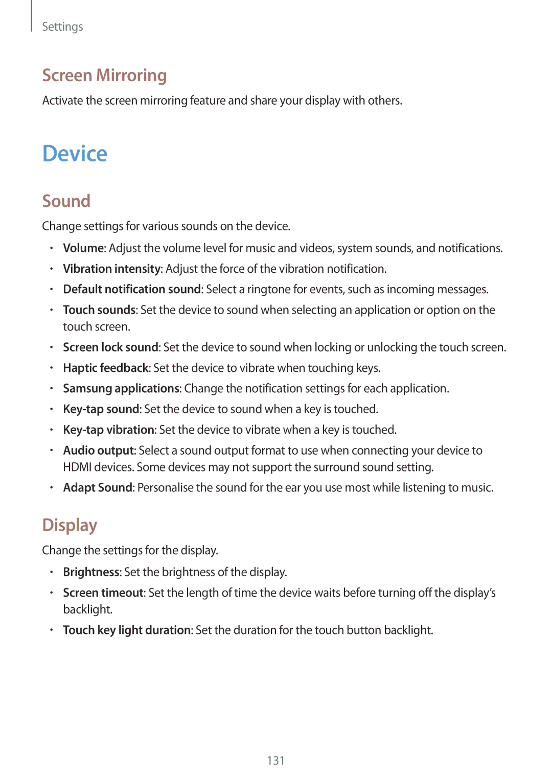 Samsung SM-T9000ZKANEE, SM-T9000ZWADBT, SM-T9000ZKADBT, SM-T9000ZWAXEF manual Device, Screen Mirroring, Sound, Display 