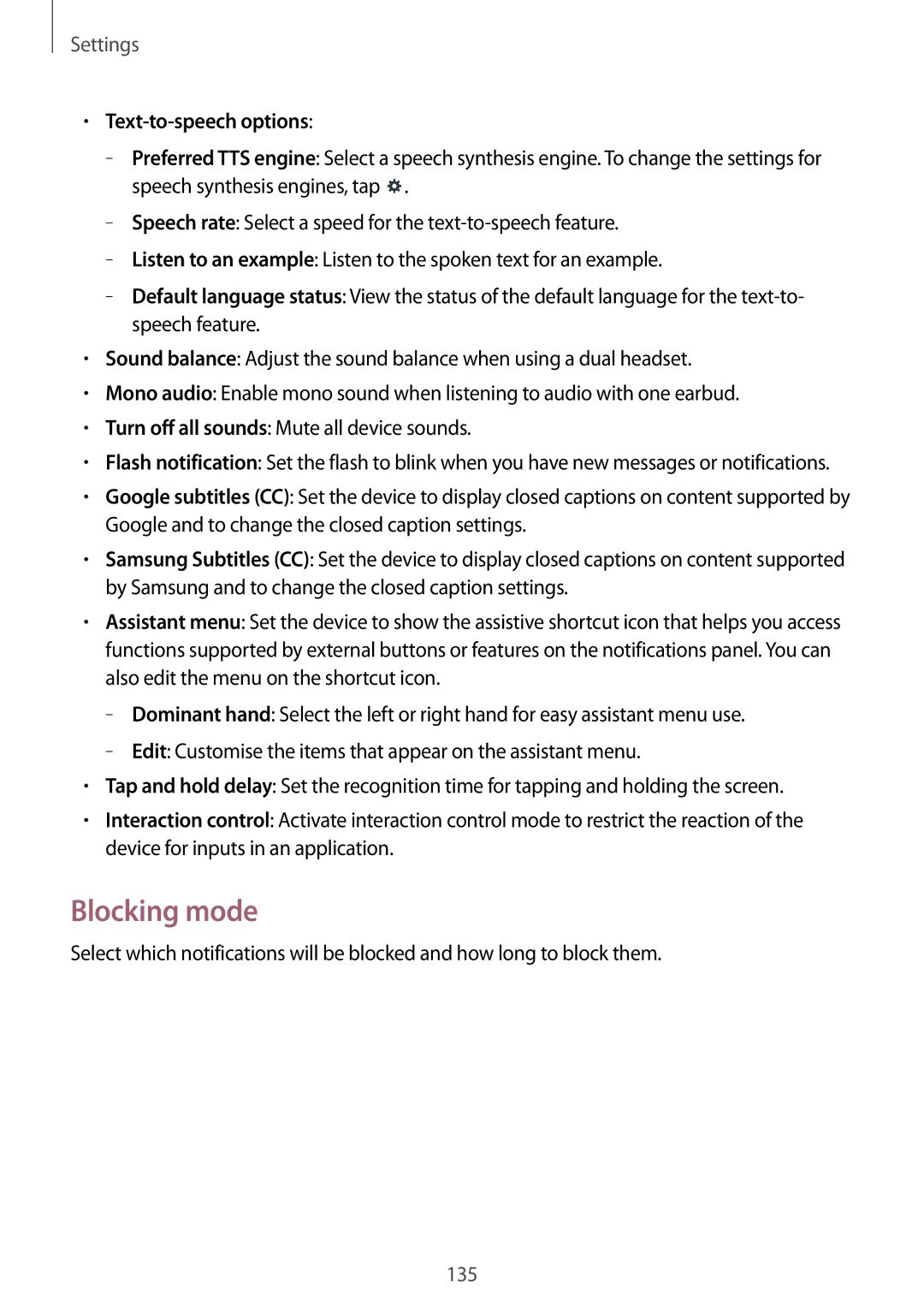 Samsung SM-T9000ZWAXEF, SM-T9000ZWADBT, SM-T9000ZKADBT, SM-T9000ZKAXEF, SM-T9000ZKAAUT Blocking mode, Text-to-speech options 