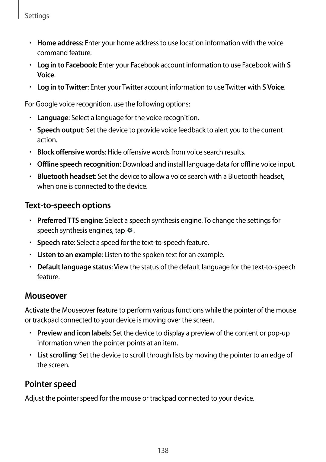 Samsung SM-T9000ZKANEE, SM-T9000ZWADBT, SM-T9000ZKADBT, SM-T9000ZWAXEF manual Text-to-speech options, Mouseover, Pointer speed 