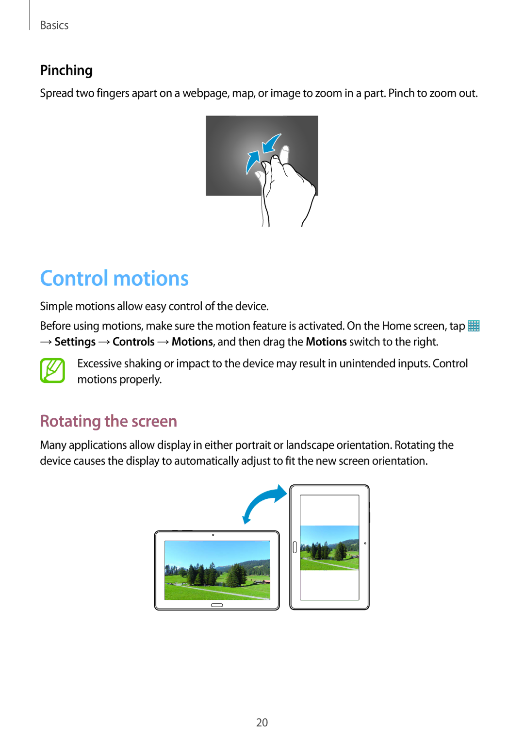 Samsung SM-T9000ZWANEE, SM-T9000ZWADBT, SM-T9000ZKADBT, SM-T9000ZWAXEF manual Control motions, Rotating the screen, Pinching 