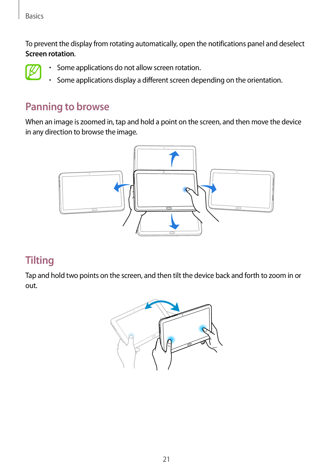 Samsung SM-T9000ZWADBT, SM-T9000ZKADBT, SM-T9000ZWAXEF, SM-T9000ZKAXEF, SM-T9000ZKAAUT manual Panning to browse, Tilting 