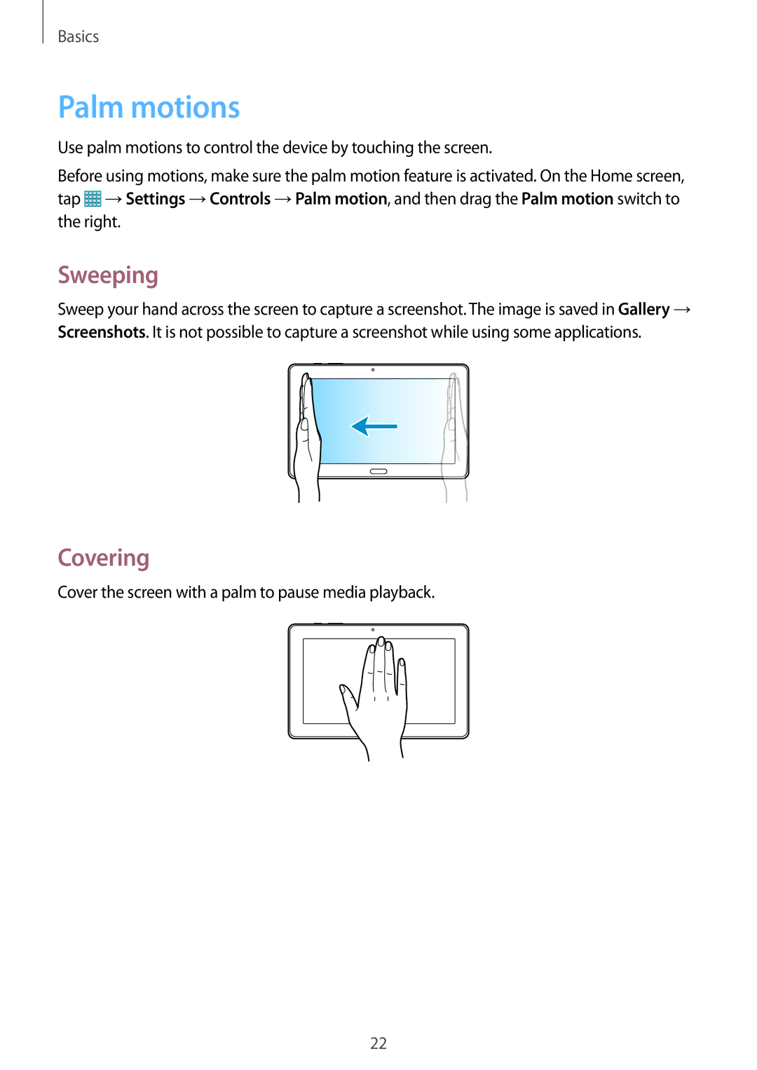 Samsung SM-T9000ZKADBT, SM-T9000ZWADBT, SM-T9000ZWAXEF, SM-T9000ZKAXEF, SM-T9000ZKAAUT manual Palm motions, Sweeping, Covering 