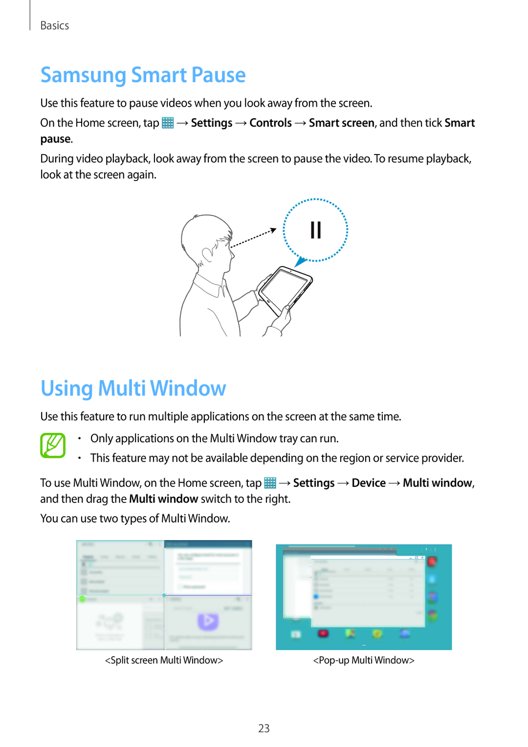 Samsung SM-T9000ZWAXEF, SM-T9000ZWADBT, SM-T9000ZKADBT, SM-T9000ZKAXEF manual Samsung Smart Pause, Using Multi Window 