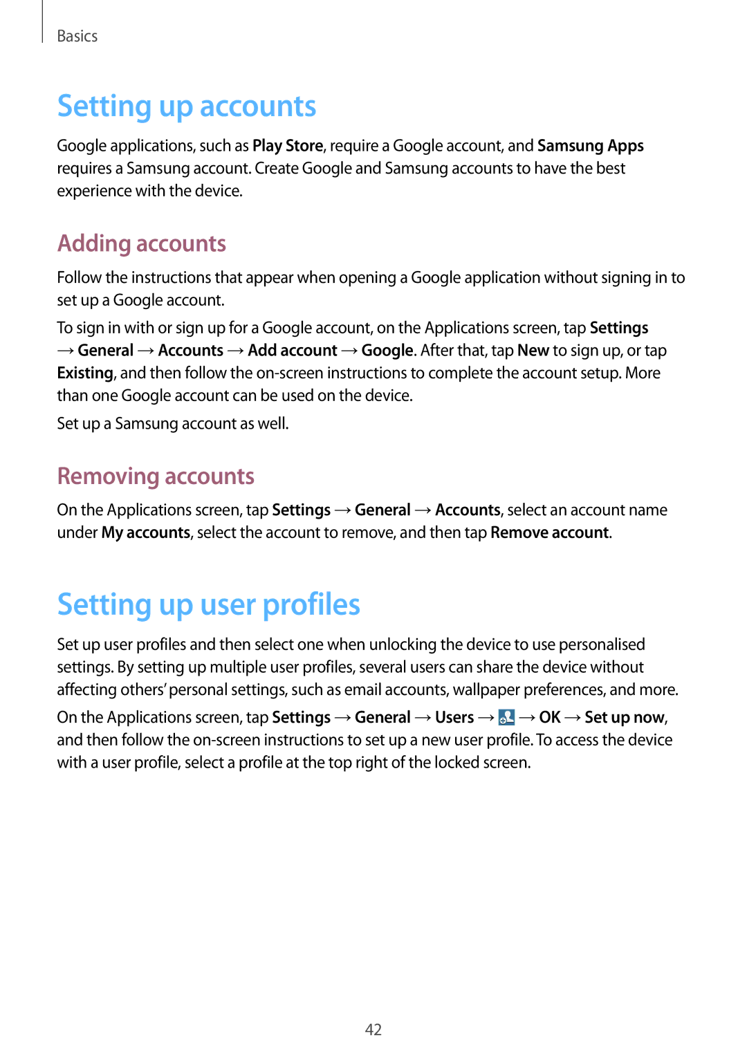 Samsung SM-T9000ZWADBT, SM-T9000ZKADBT Setting up accounts, Setting up user profiles, Adding accounts, Removing accounts 