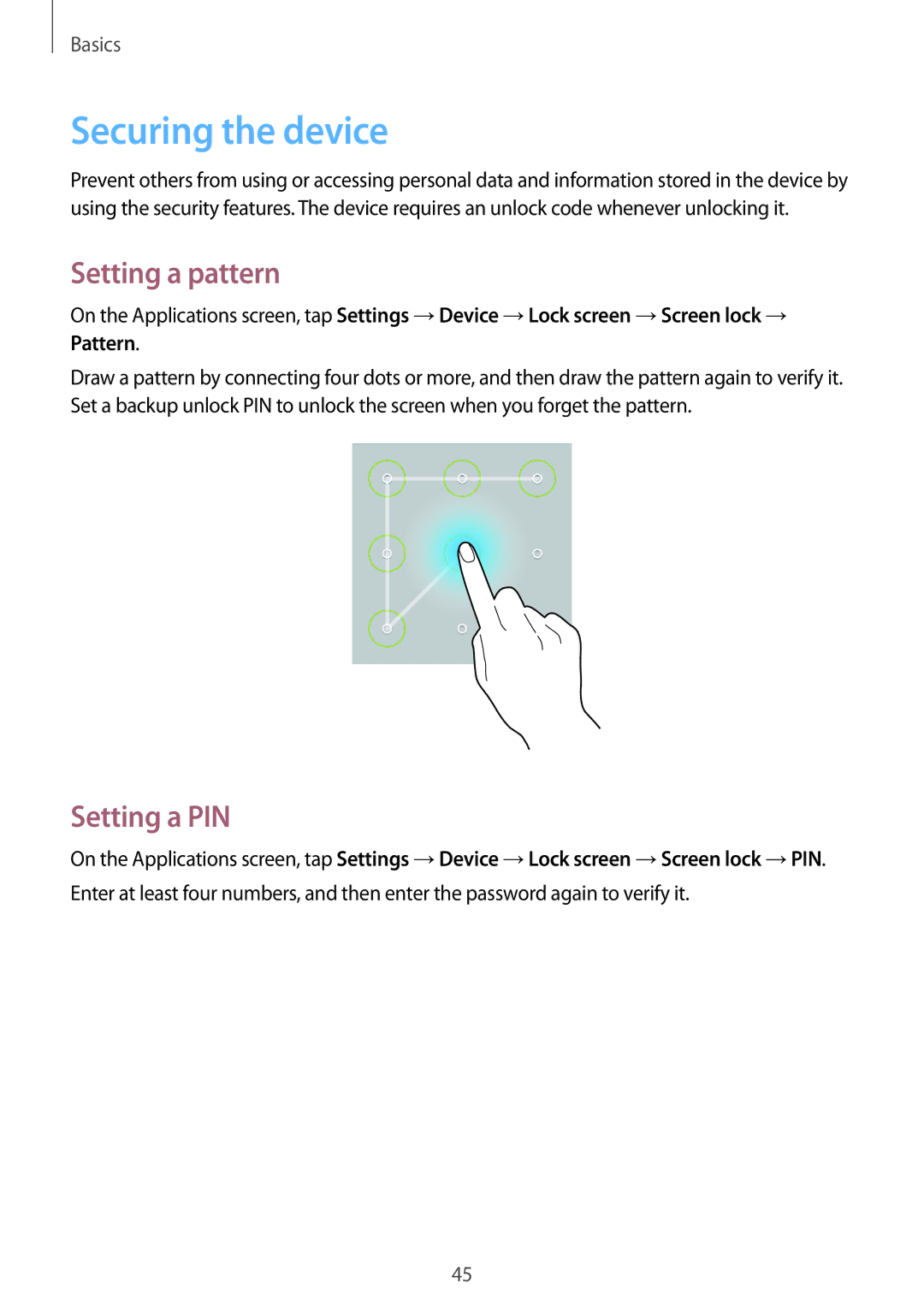 Samsung SM-T9000ZKAXEF, SM-T9000ZWADBT, SM-T9000ZKADBT, SM-T9000ZWAXEF Securing the device, Setting a pattern, Setting a PIN 