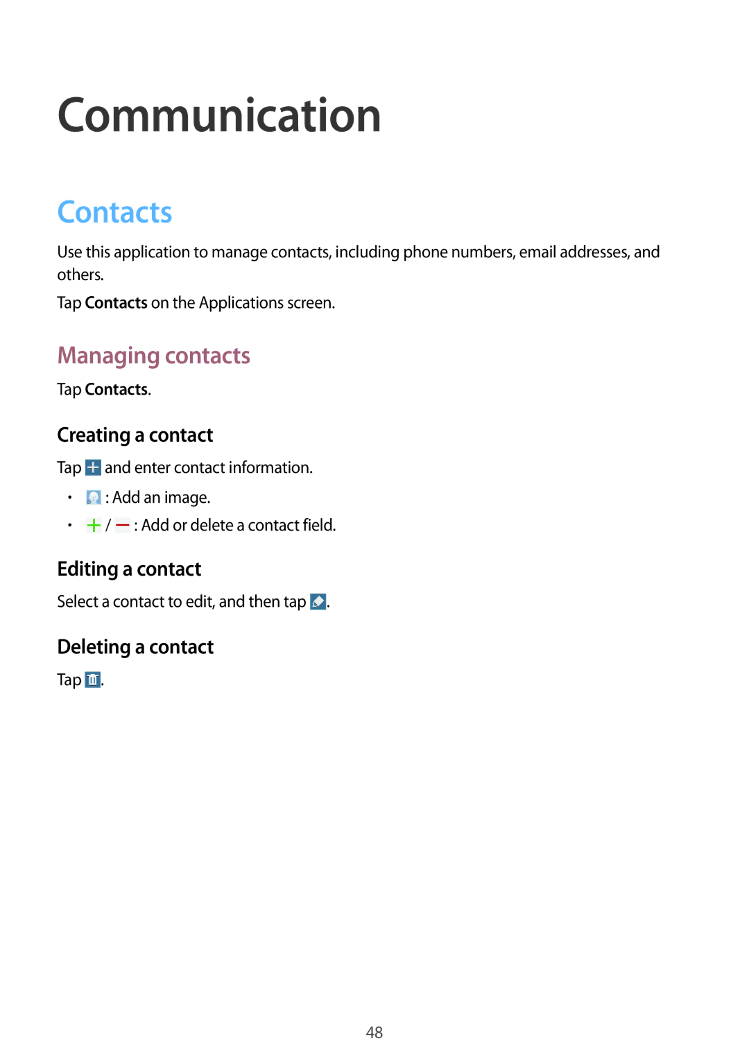 Samsung SM-T9000ZWANEE, SM-T9000ZWADBT, SM-T9000ZKADBT, SM-T9000ZWAXEF manual Communication, Contacts, Managing contacts 