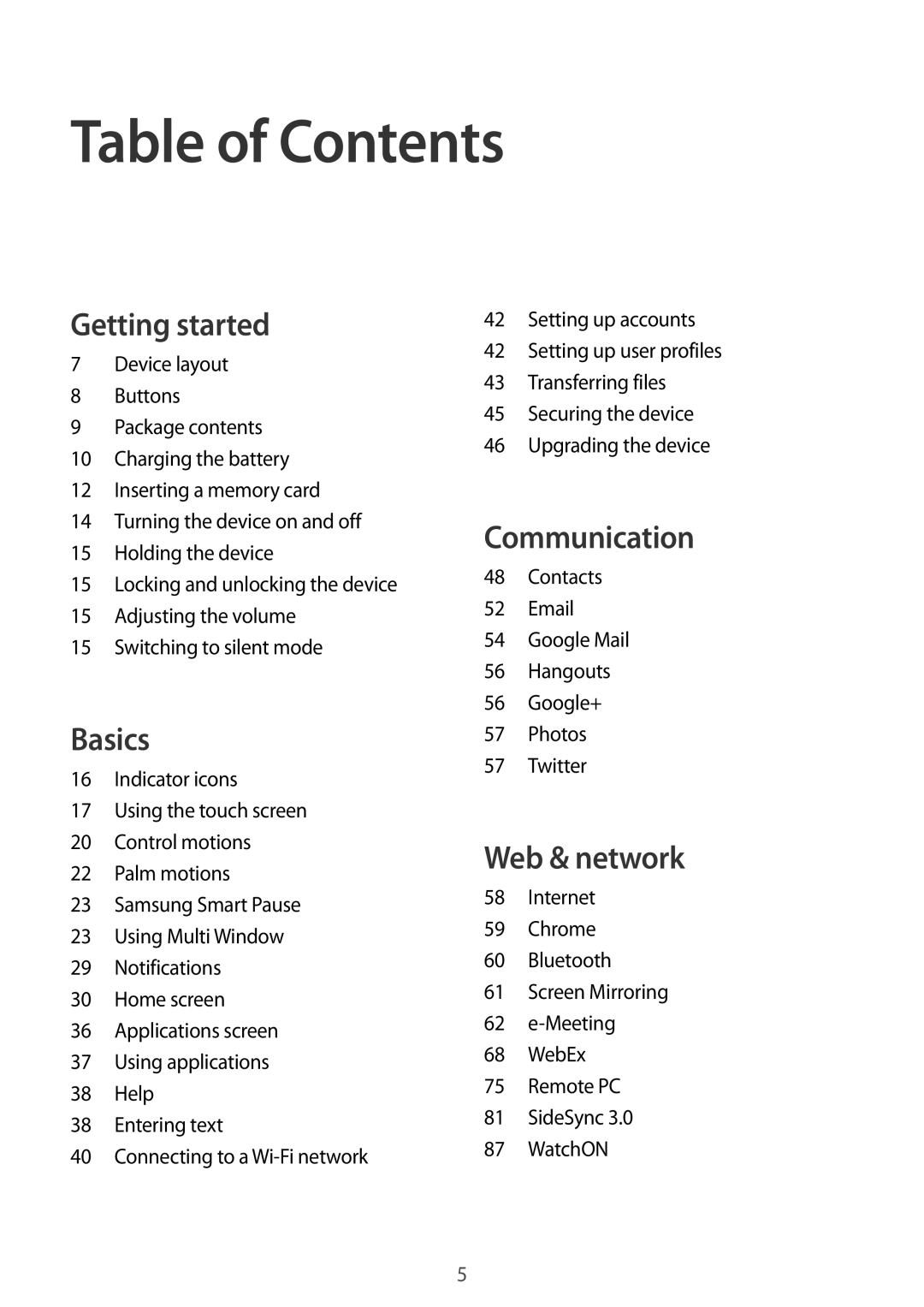 Samsung SM-T9000ZKANEE, SM-T9000ZWADBT, SM-T9000ZKADBT, SM-T9000ZWAXEF, SM-T9000ZKAXEF, SM-T9000ZKAAUT manual Table of Contents 