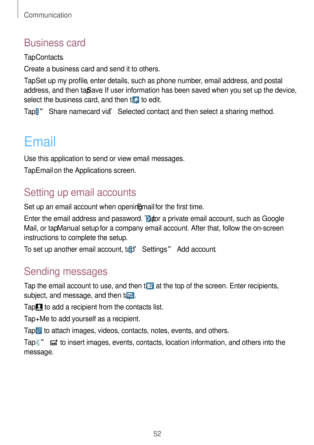 Samsung SM-T9000ZKAXEF, SM-T9000ZWADBT, SM-T9000ZKADBT manual Business card, Setting up email accounts, Sending messages 