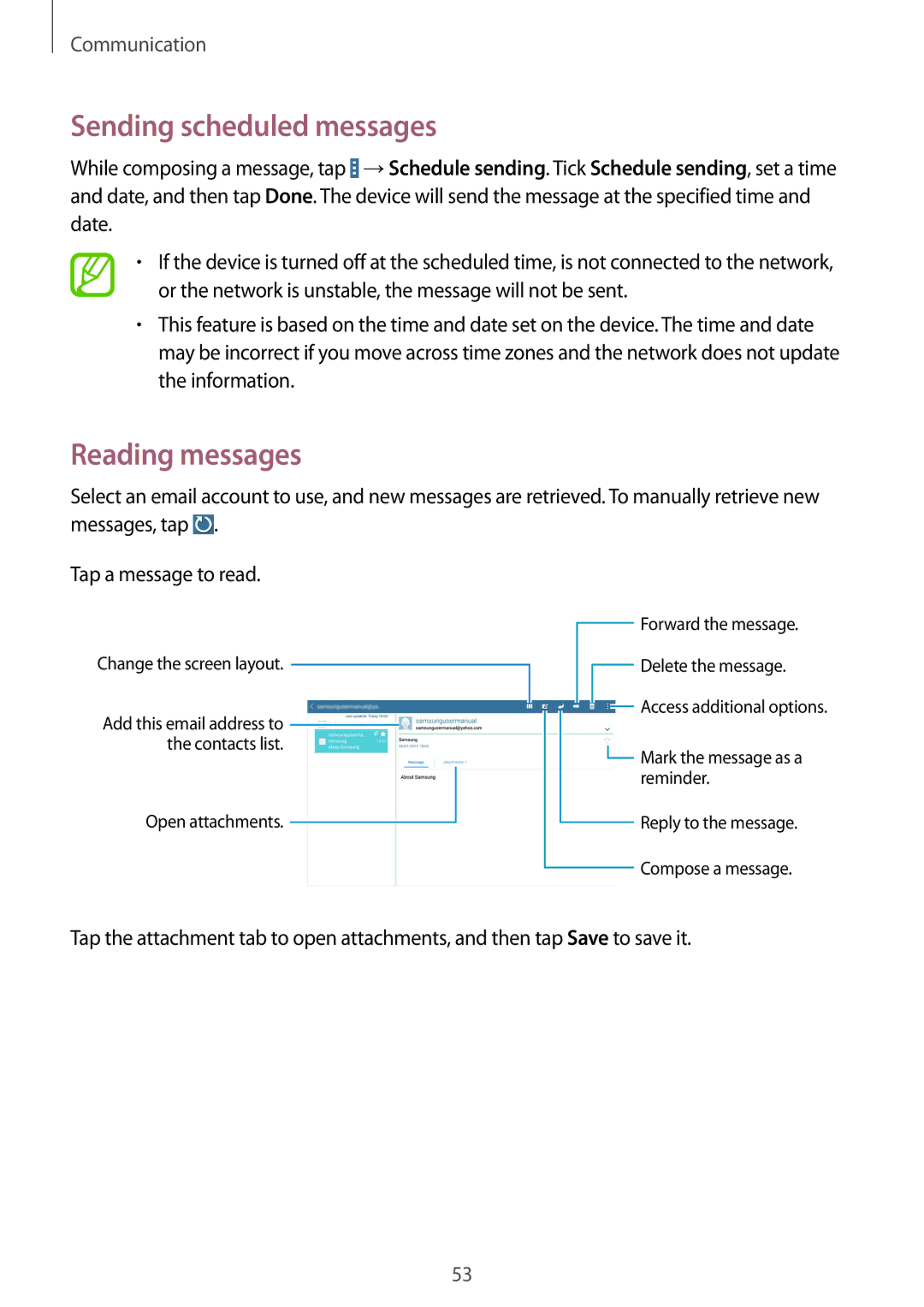Samsung SM-T9000ZKAAUT, SM-T9000ZWADBT, SM-T9000ZKADBT, SM-T9000ZWAXEF manual Sending scheduled messages, Reading messages 
