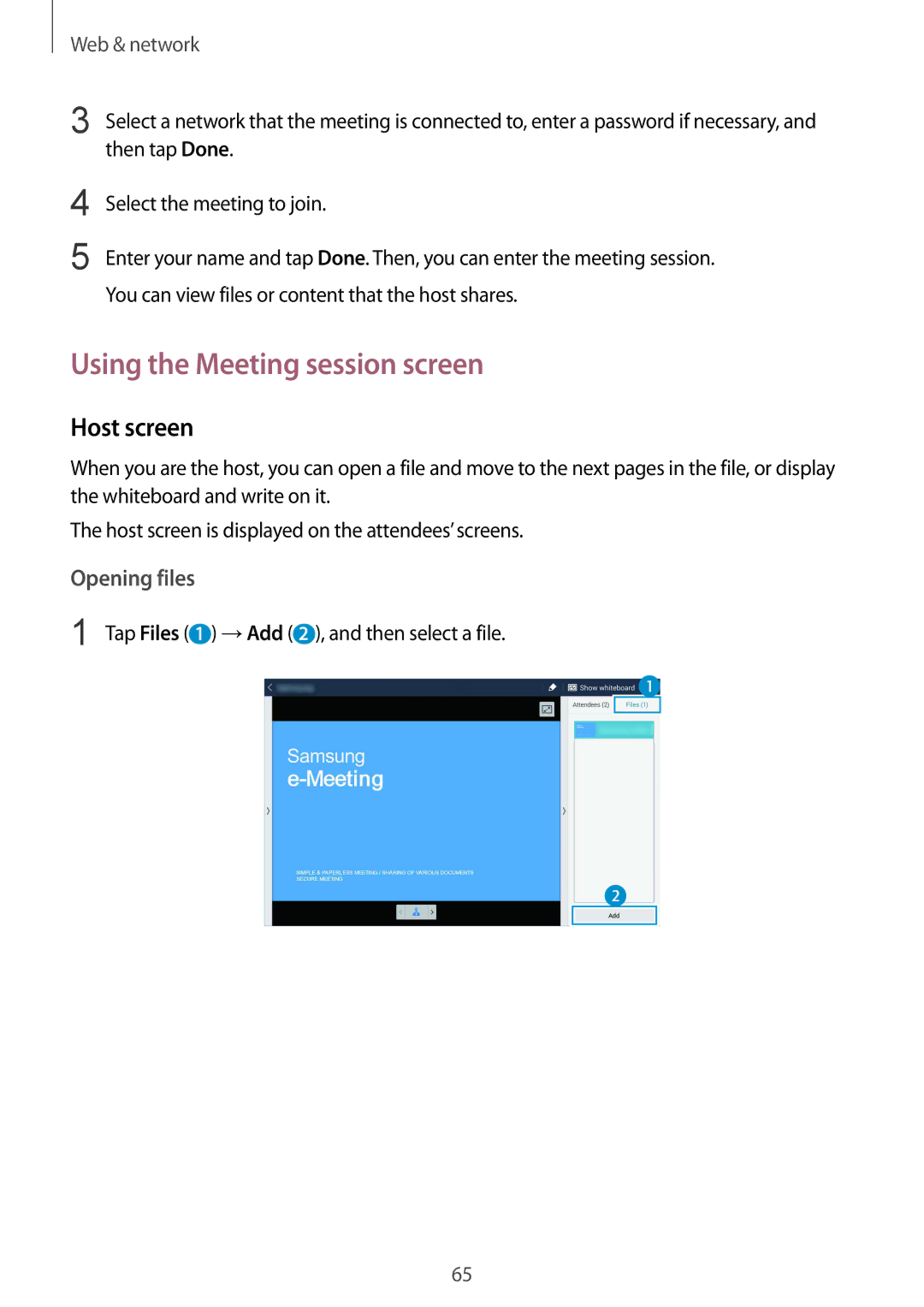 Samsung SM-T9000ZWAXEF, SM-T9000ZWADBT, SM-T9000ZKADBT, SM-T9000ZKAXEF manual Using the Meeting session screen, Host screen 