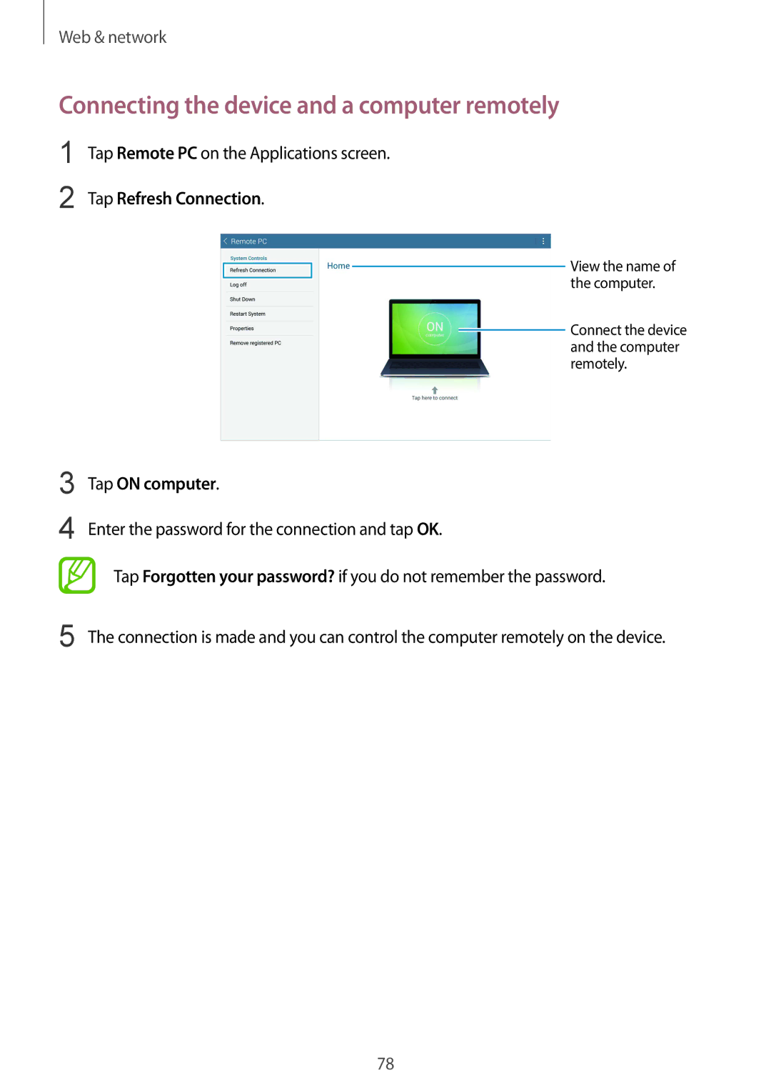 Samsung SM-T9000ZKADBT manual Connecting the device and a computer remotely, Tap Refresh Connection, Tap on computer 