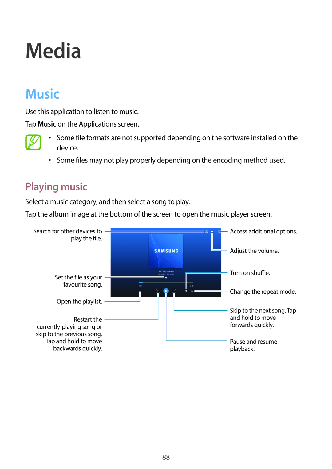 Samsung SM-T9000ZKAAUT, SM-T9000ZWADBT, SM-T9000ZKADBT, SM-T9000ZWAXEF, SM-T9000ZKAXEF manual Media, Music, Playing music 