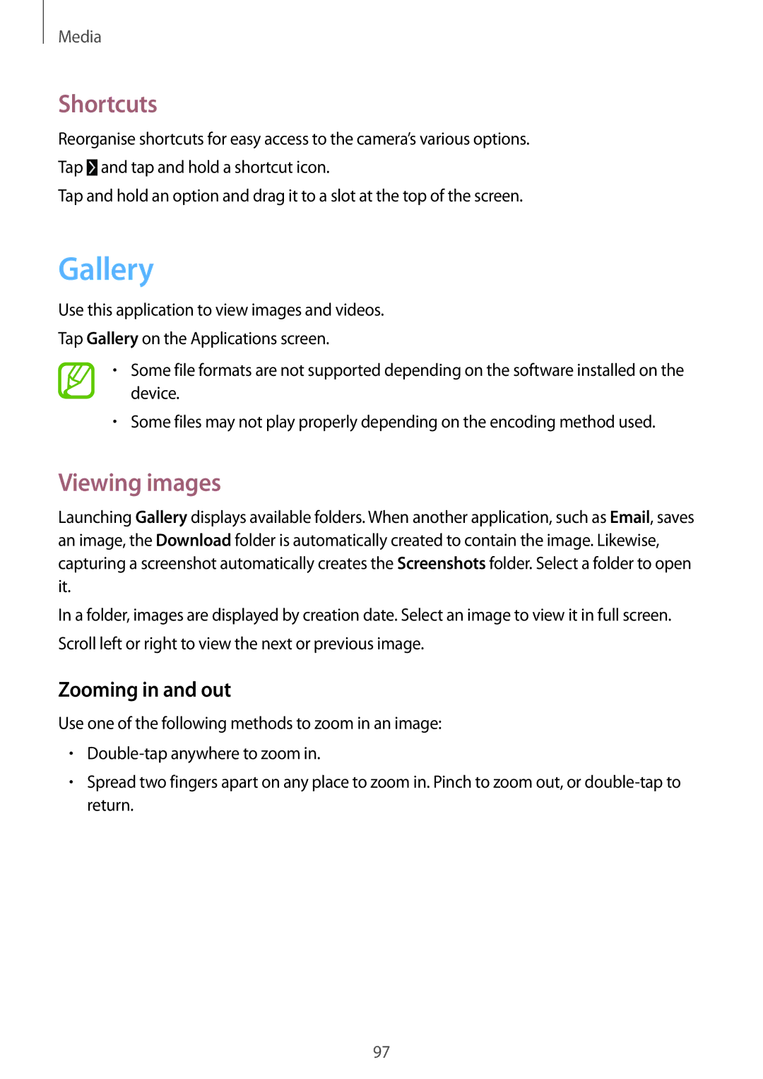 Samsung SM-T9000ZWANEE, SM-T9000ZWADBT, SM-T9000ZKADBT manual Gallery, Shortcuts, Viewing images, Zooming in and out 