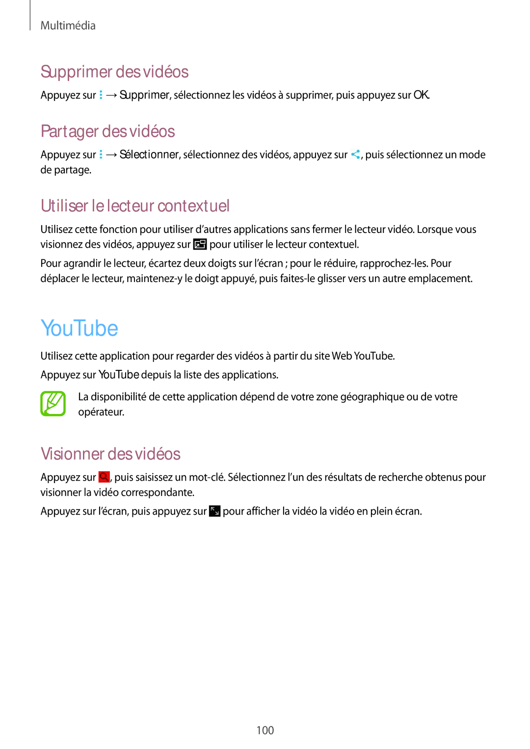 Samsung SM-T9000ZWAXEF, SM-T9000ZKAXEF YouTube, Supprimer des vidéos, Partager des vidéos, Utiliser le lecteur contextuel 
