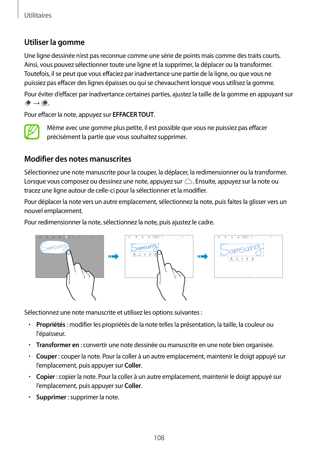 Samsung SM-T9000ZWAXEF, SM-T9000ZKAXEF manual Utiliser la gomme, Modifier des notes manuscrites 