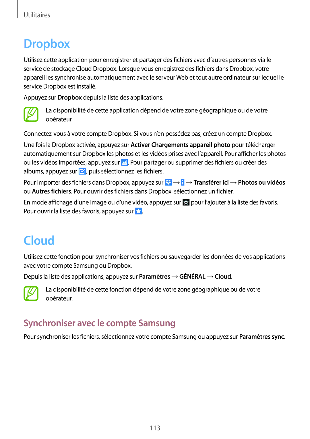 Samsung SM-T9000ZKAXEF, SM-T9000ZWAXEF manual Dropbox, Cloud, Synchroniser avec le compte Samsung 