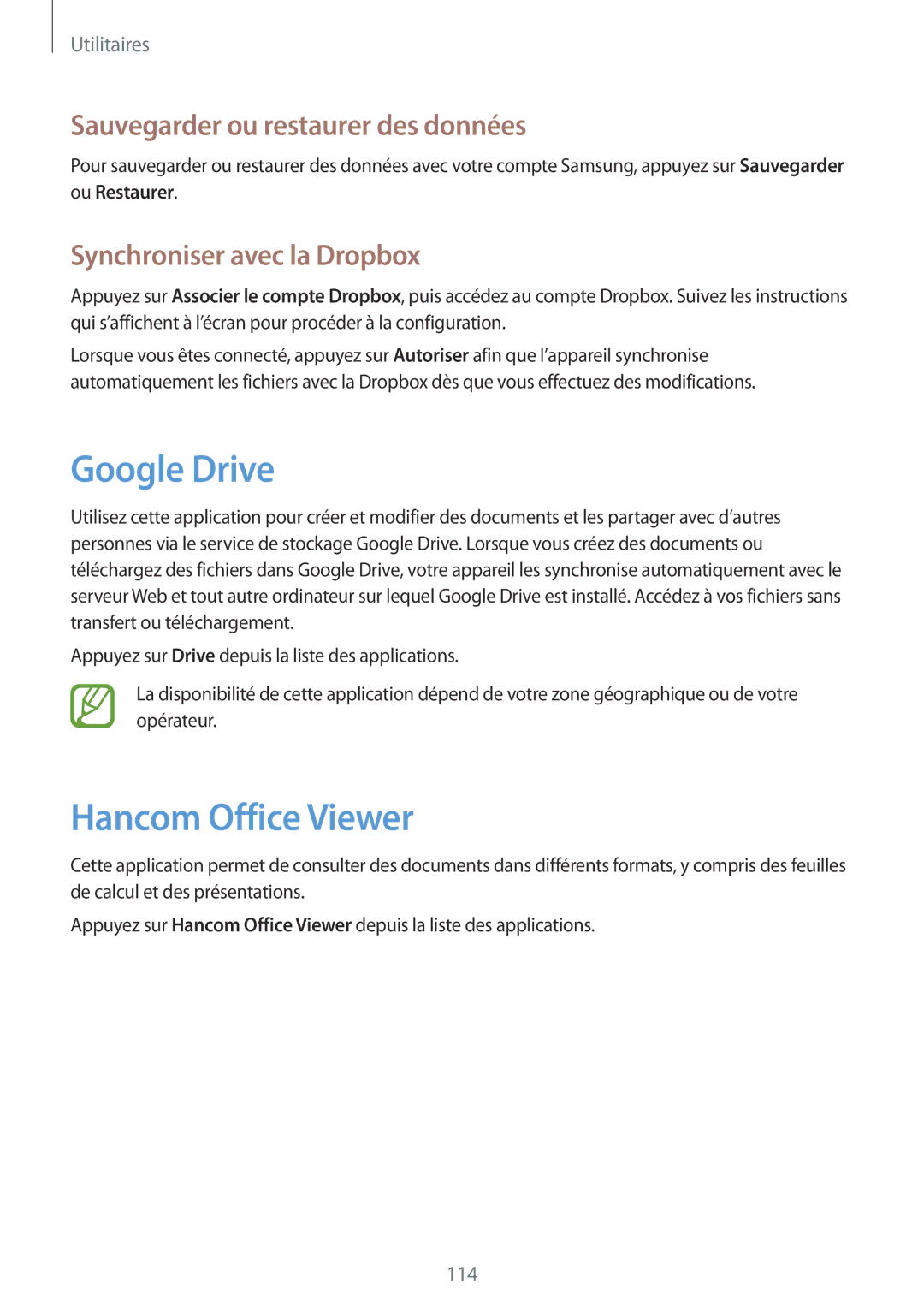Samsung SM-T9000ZWAXEF, SM-T9000ZKAXEF manual Google Drive, Hancom Office Viewer, Sauvegarder ou restaurer des données 