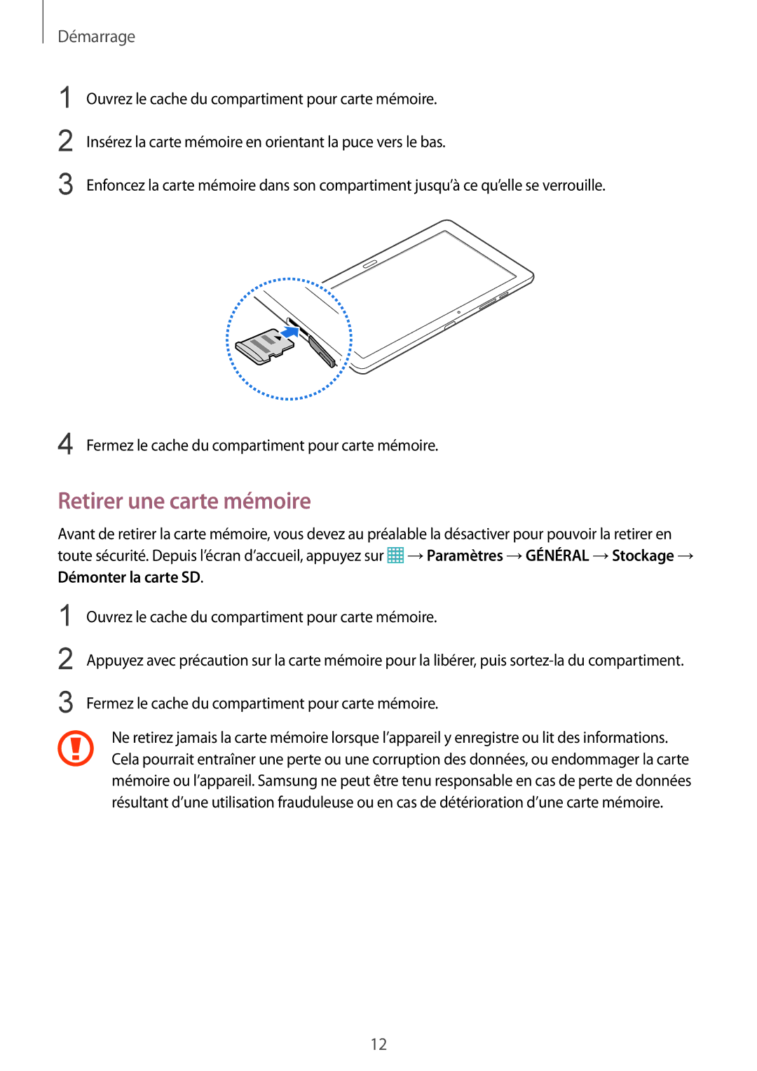 Samsung SM-T9000ZWAXEF, SM-T9000ZKAXEF manual Retirer une carte mémoire 