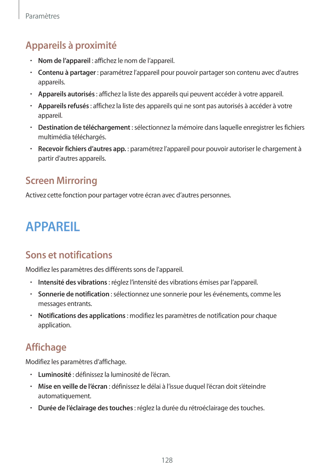 Samsung SM-T9000ZWAXEF, SM-T9000ZKAXEF manual Appareils à proximité, Screen Mirroring, Sons et notifications, Affichage 