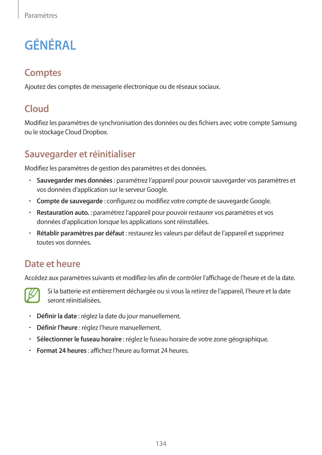 Samsung SM-T9000ZWAXEF, SM-T9000ZKAXEF manual Comptes, Cloud, Sauvegarder et réinitialiser, Date et heure 