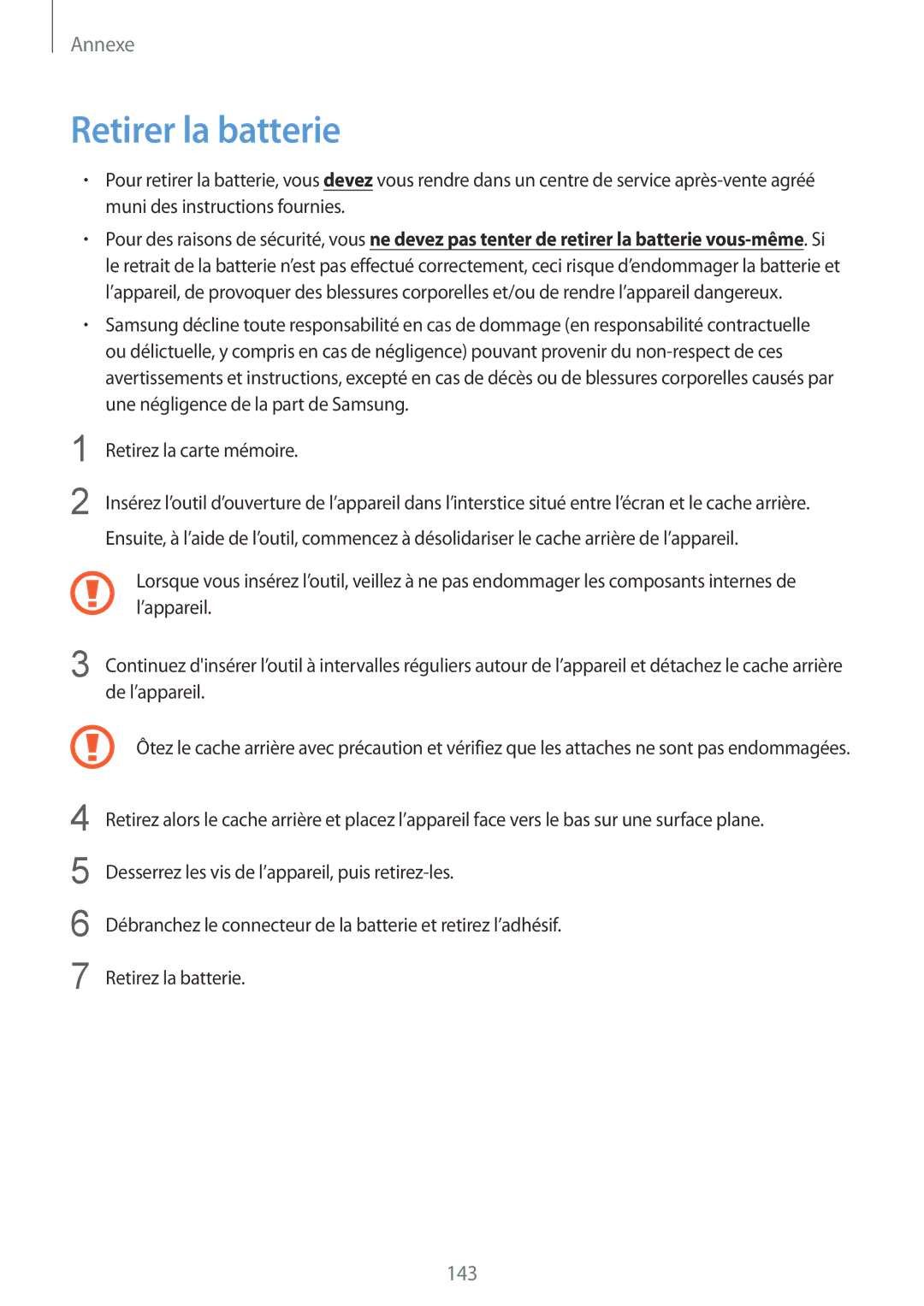 Samsung SM-T9000ZKAXEF, SM-T9000ZWAXEF manual Retirer la batterie, 143 