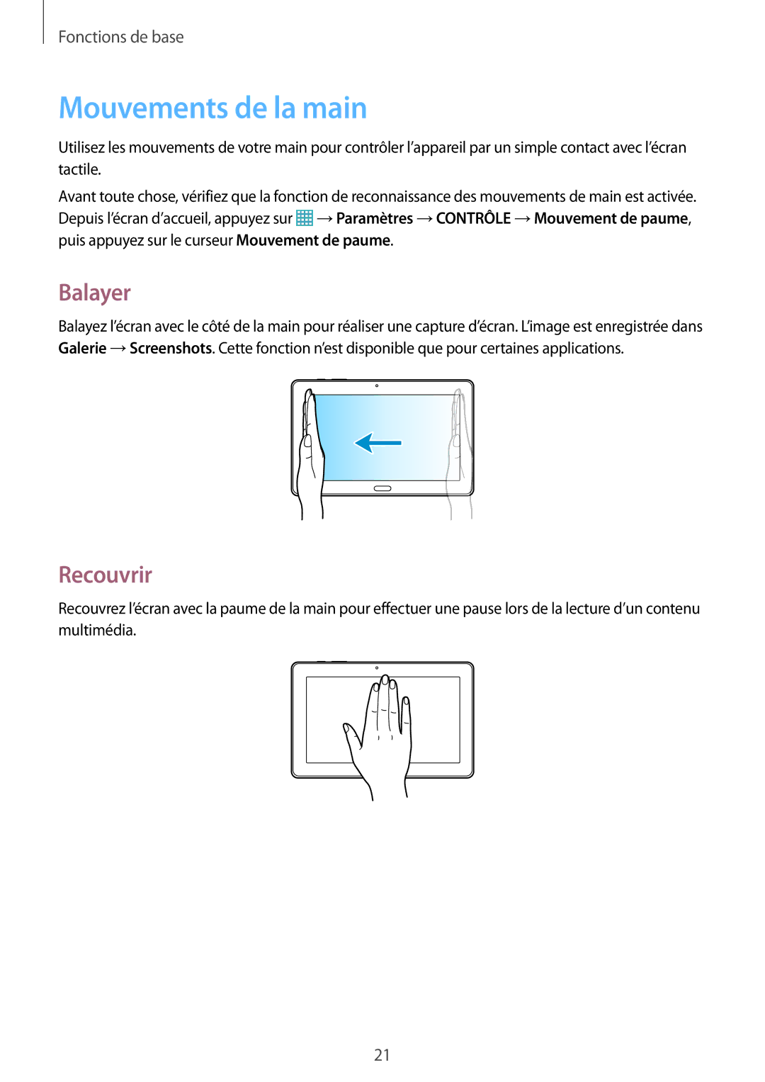 Samsung SM-T9000ZKAXEF, SM-T9000ZWAXEF manual Mouvements de la main, Balayer, Recouvrir 