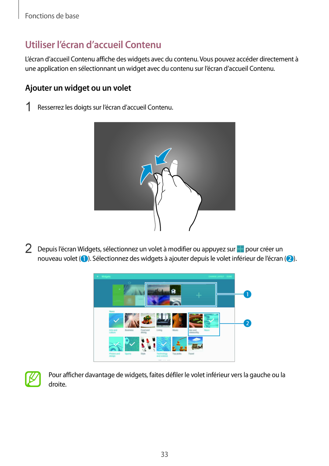 Samsung SM-T9000ZKAXEF, SM-T9000ZWAXEF manual Utiliser l’écran d’accueil Contenu, Ajouter un widget ou un volet 