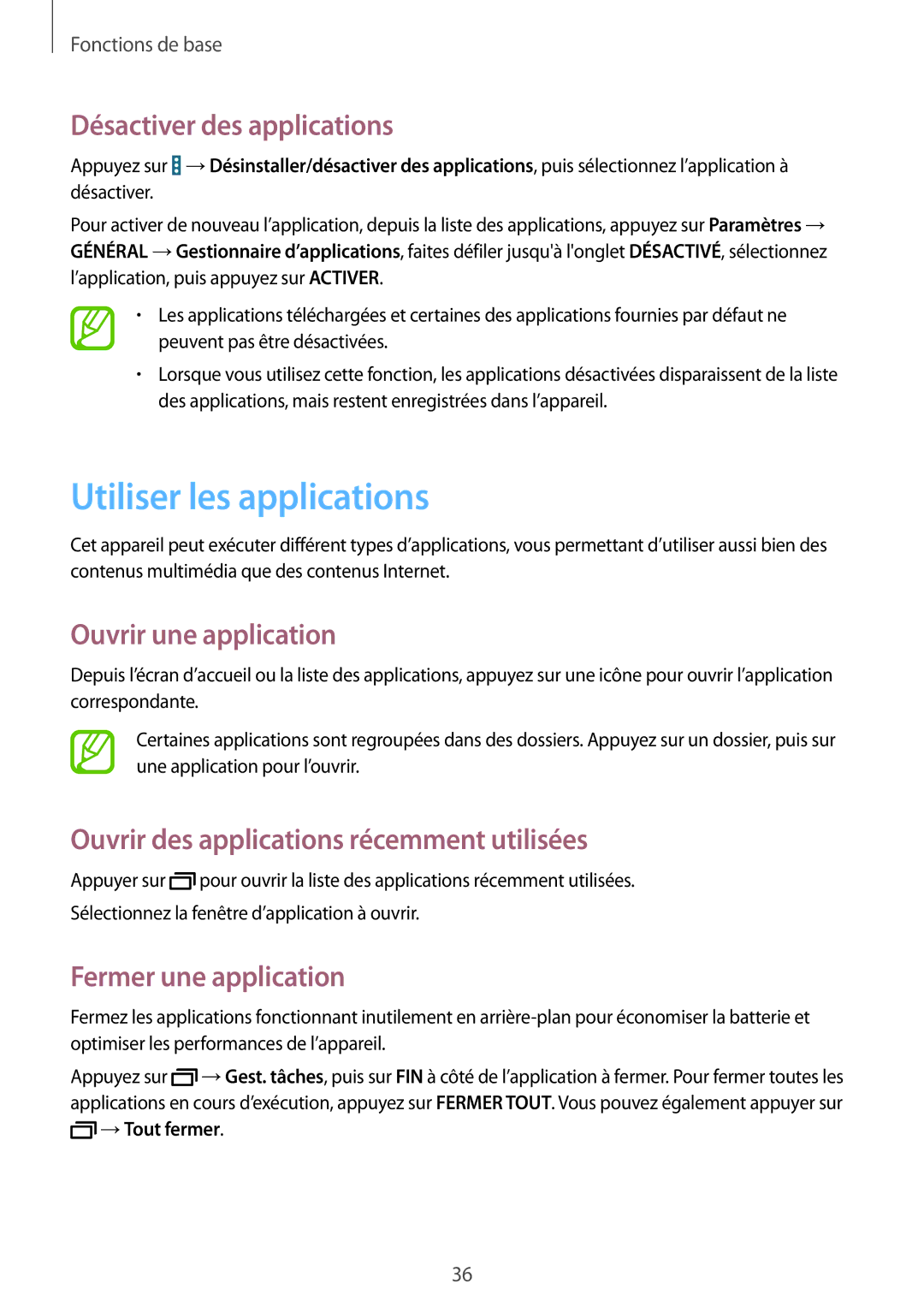 Samsung SM-T9000ZWAXEF, SM-T9000ZKAXEF manual Utiliser les applications, Désactiver des applications, Ouvrir une application 