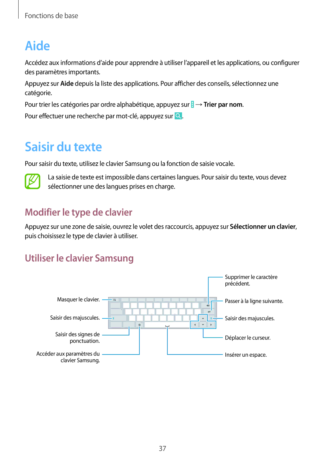 Samsung SM-T9000ZKAXEF, SM-T9000ZWAXEF Aide, Saisir du texte, Modifier le type de clavier, Utiliser le clavier Samsung 